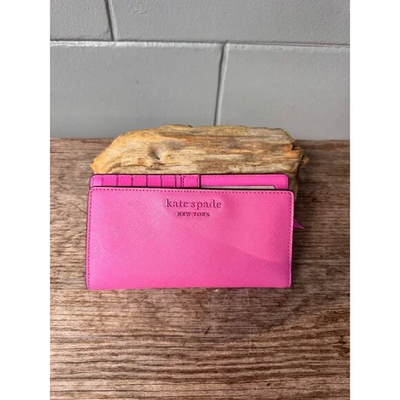 Kate Spade New York Hot Pink Saffiano Leather Wallet Bifold Zip Coin Pocket - Picture 6 of 6